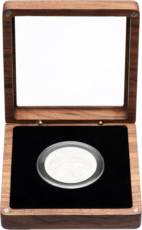 Single Walnut Wood Challenge Coin Presentation Display Box Storage Case with Clear Top and Plastic Coin Capsules