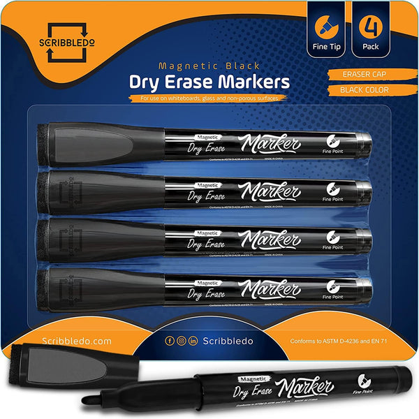 Scribbledo 4 Pack Magnetic Dry Erase Markers, Fine Tip Black Color Low Odor Whiteboard Markers with Eraser Cap