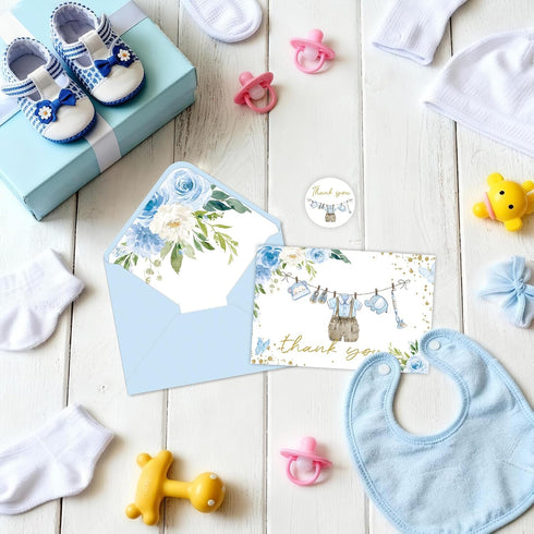 SMUAENSS 24 Pack Blue Rose Baby Shower Thank You Cards, Boy Baby Gift Card with Envelopes and Stickers, Greeting Cards