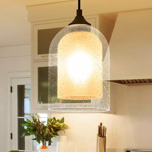 7.87" Mini Glass Pendant Light H Hanging Light Fixture with Frosted Glass Farmhouse Black Modern Cylinder Pendant