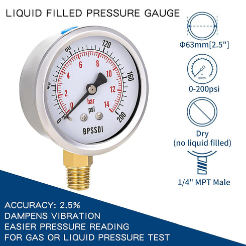 0-200 Psi Pressure Gauge, Dry Water Pressure Gauge, 2-1/2" Dial, 1/4" NPT Lower Mount, Stainless Steel Case