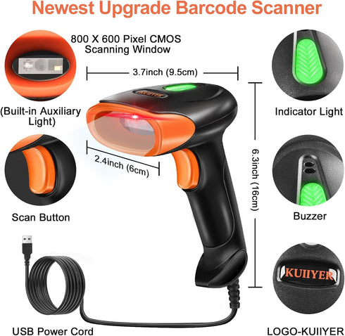 KUIIYER 2D 1D 800 600 CMOS USB Barcode Scanner, QR Bar Code Scanners Wired Handheld Barcode Reader with Updated X Pixel