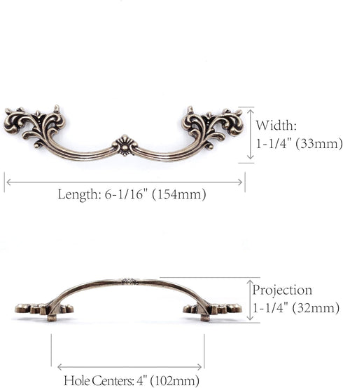 JETLAND 4-Pack, 4" PW1619ABR102 French Provincial Drawer Pulls - Antique Brass, Hole Centers, Vintage Shabby Chic Pulls