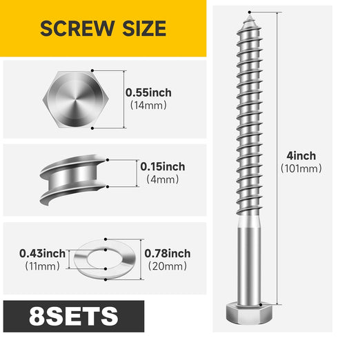 Mywish 3/8" x 4" Hex Head Lag Bolts (8 Sets), Heavy Duty 304 Stainless Steel Screws with Washers, Bright Finish