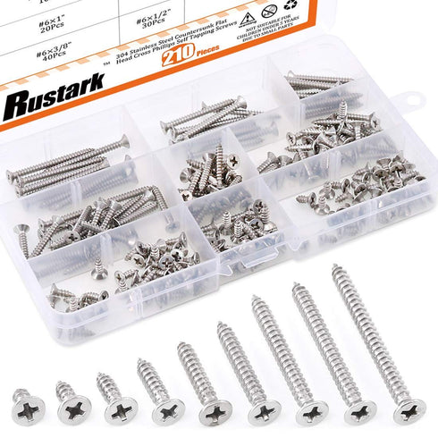 210Pcs 304 Stainless Steel Flat Head Phillips Cross Wood Screw Drive Self-Drilling Screws Assortment Kit [#6 5/16'' to