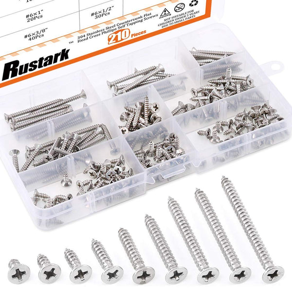 210Pcs 304 Stainless Steel Flat Head Phillips Cross Wood Screw Drive Self-Drilling Screws Assortment Kit [#6 5/16'' to