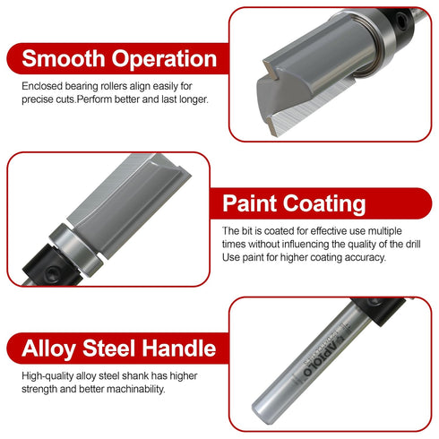 4 Set 1/4 Inch 1/2", 3/4", 1", 1-1/2"Cutting 1/2" Professional PCS Pattern Flush Trim Router Bit Shank, Top Bearing