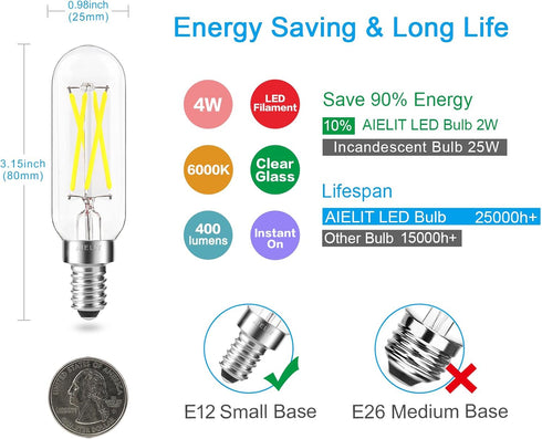 Dimmable T8/T25 Bulbs 40 6000K, 400 4W T6 E12 Bulb, Bulb 4-Pack LED Light Watt Equivalent, Cool White Lumens, Tubular