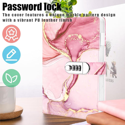 Koogel Diary with Lock, A5 PU Leather Journal with 120 Sheets, Password Locked Travel Notebook with Pen