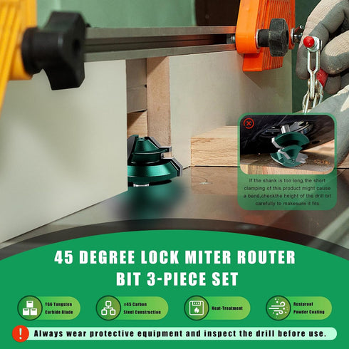 45 Set 1/4 Inch 3-Piece 1/2, 5/8 3/4 Inch Knoweasy Degree Lock Miter Router Bit with Shank, for Woodworking Projects