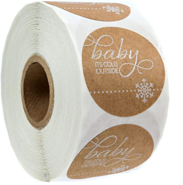 Baby It's Cold Outside Christmas Stickers, 500 Holiday Snowflake Stickers, 1.5" Brown Kraft Envelope Seals