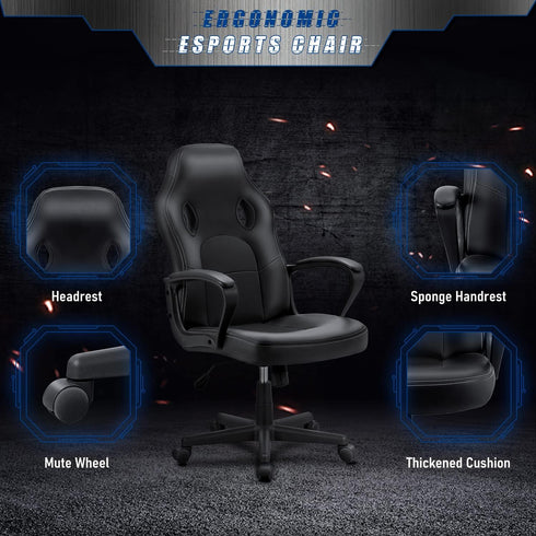 JUMMICO 300LBS, High Back Leather Gaming Chair, Swivel Task Chair with Arms (Black)