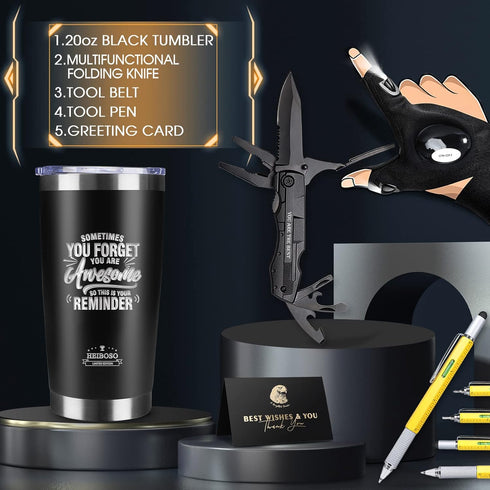 HEIBOSO 6-in-1 Set Gifts for Men - Gift with Stainless Steel Tumbler,Multi-Tool Knife,LED Gloves & Tool Pen Keepsake