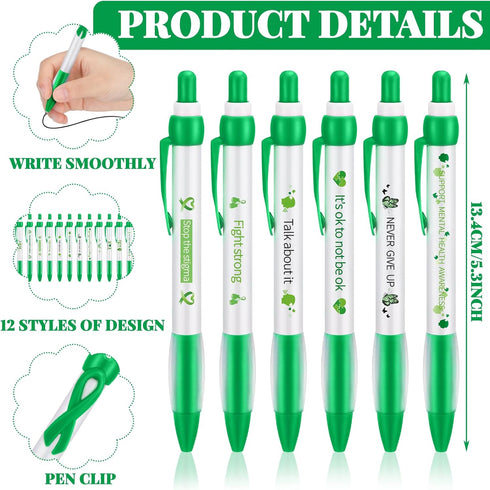 Ctosree Mental Health Awareness Pens, 12 Style Green Ribbon Retractable Gel Pens, Office Charity Stuffers
