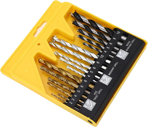 Set, Box,16 Titanium and Nickel Plated Twist Drill Bit Fast Cutting, Versatile,Durable, for Metal, Masonry