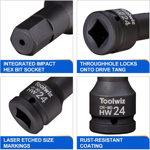 3/4 Inch Set, 5-Piece 14mm-24mm, Set, Toolwiz Drive Impact Hex Bit Metric Cr-Mo Steel, One-Piece Construction