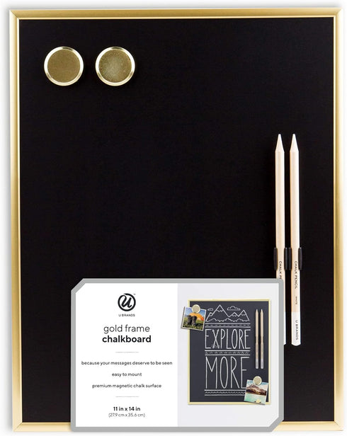 U Brands Magnetic Chalkboard - 11"x14" with Gold Metal Frame, Premium Matte Surface, Includes Chalk Pencils and Magnets
