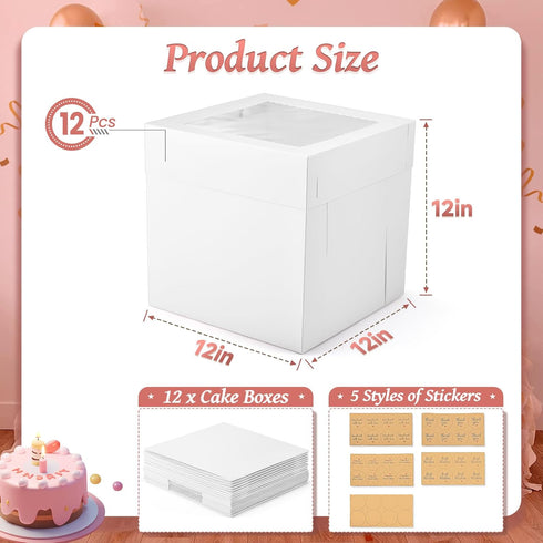 12Pcs Tall Cake Boxes with Window, 12x12x12 Inches, White Disposable Carrier Container for Multi-Layer Cakes, Bakery