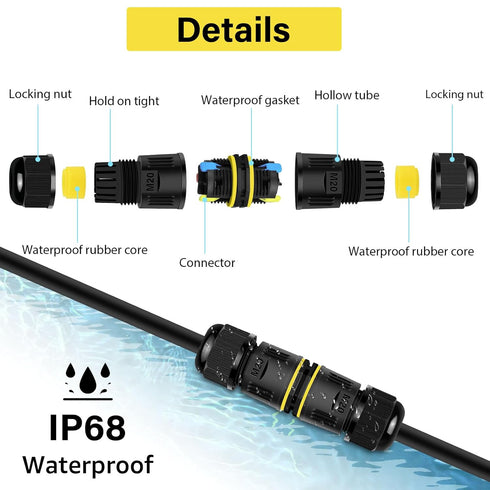 NineLeaf Junction Box, Outdoor Waterproof Electrical Cable Connector, 3PK 3-PIN M20 for Outdoor Lights