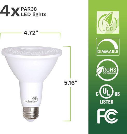Bioluz LED 4 Pack PAR38 LED Light Bulb, 90 CRI, 12W = 100-120 Watt Replacement, Soft White 3000K, Dimmable