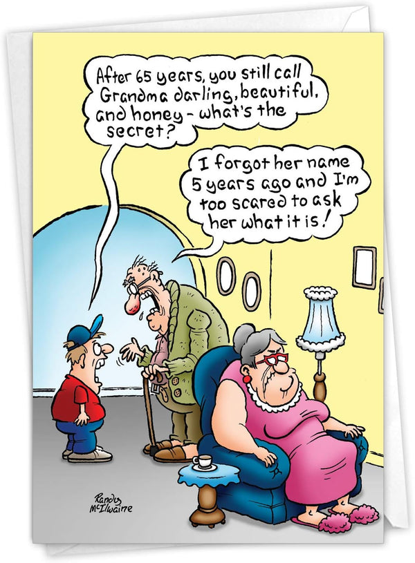 NobleWorks Funny Anniversary Card with Envelope, Cartoon Marriage Humor Notecard for Spouse - Grandma's Name C6976ANG