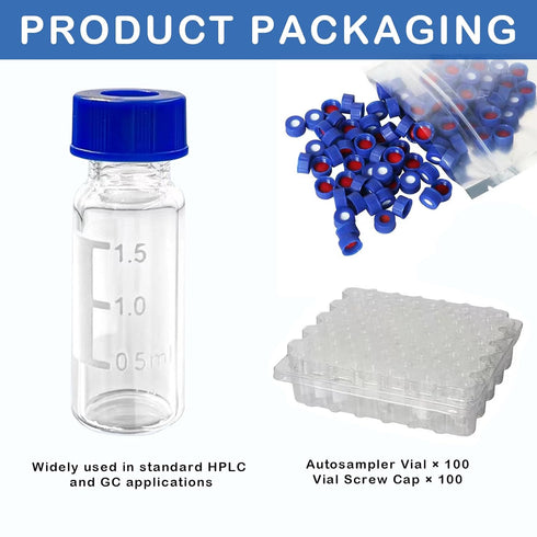 2mL Autosampler Vials, 9-425 HPLC Vials with Screw Cap, 100 Pcs Borosilicate Sample Vial
