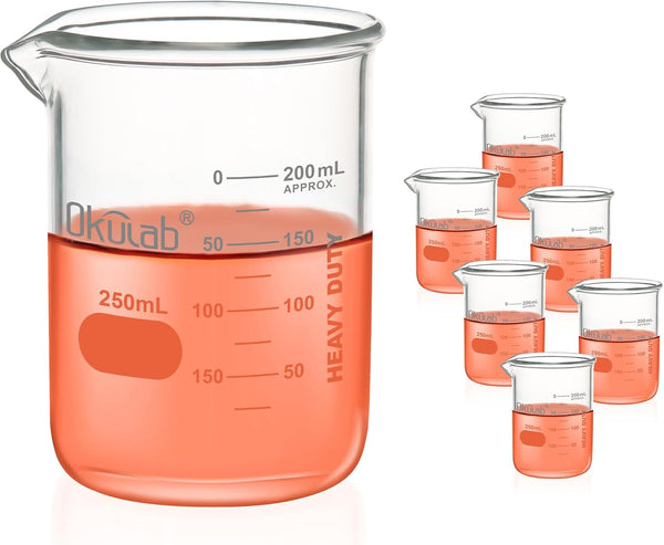 Heavy Duty Glass Beakers, Double Scale Printed Graduation, 6pcs of 250ml, HBKG250A6