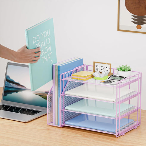 Marbrasse Desk Organizer and Accessories, 4-Tier Paper Letter Tray Organizer with File Holder for School Home Office