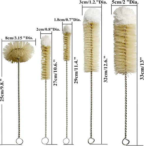 Stainless Steel Soda Bottle Cleaning Brush Set in Natural Boar Bristle Wool Tip Long Handle, Flexible Bendable Thick Wire Cleaner for Narrow Neck Water Baby Bottles Straw Pipe Tube Flask (5) by NewFerU