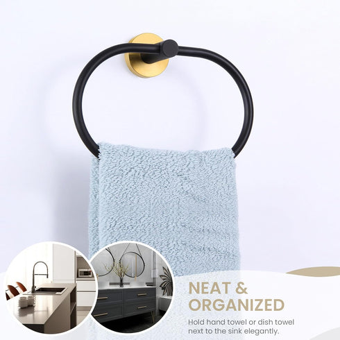 Towel Ring Black & Gold, Suyar Stainless Steel Hand Towel Holder, Oval Shape Towel Rack for Bathroom Wall