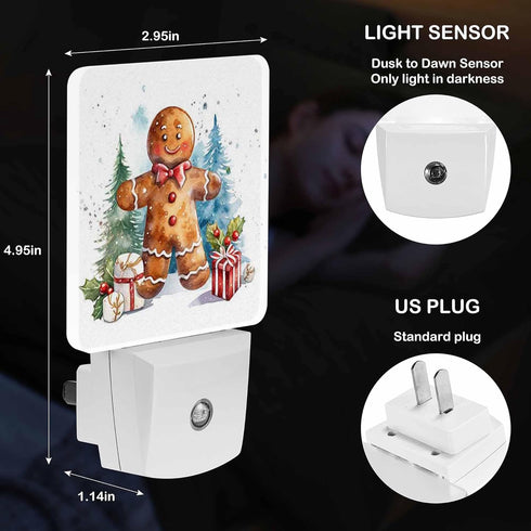 Jahiona White,0.5W LED Night Light Lamp with Smart Sensor Dusk to Dawn Sensor,Watercolor Gingerbread Man with Presents