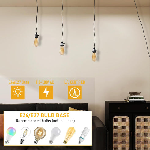 3-Light 21FT E26 DITEDY Plug in Pendant Light Kit, Hanging Lights with Plug in Cord Hanging Lamp Cord with On/Off