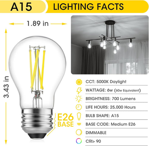 Gozelux A15 Bulbs, Bulbs, Dimmable, E26 6W (60W 5000K 700LM, 6 Pack LED Vintage Edison Clear Glass, Medium Base