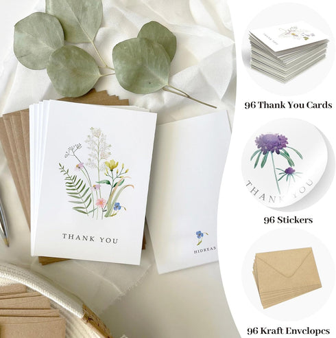 Rtisaeu 96 Pack 4 6 Inch Floral Thank You Cards with Envelopes, Wildflower Thank You Notes with Kraft Envelopes