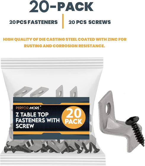 Performore 20 Pack Z Tabletop Fasteners with Screws, Heavy Duty Solid Steel Fasteners Set of 20 Packs