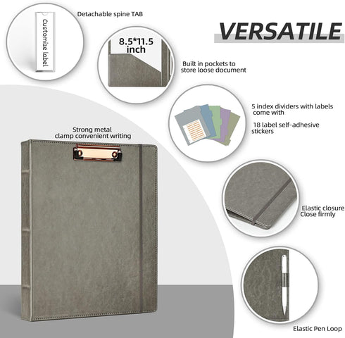 Ospelelf 1 Inch 3 Ring Binder with Clipboard, Leather Binder for Letter Size, 5 Tab Dividers, Office Supply Grey