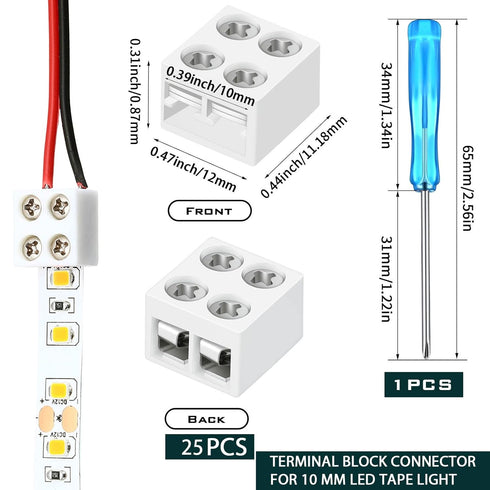 25 Pack Solderless White LED Tape Light Connectors, 2 Pin 10mm Connector with Screwdriver