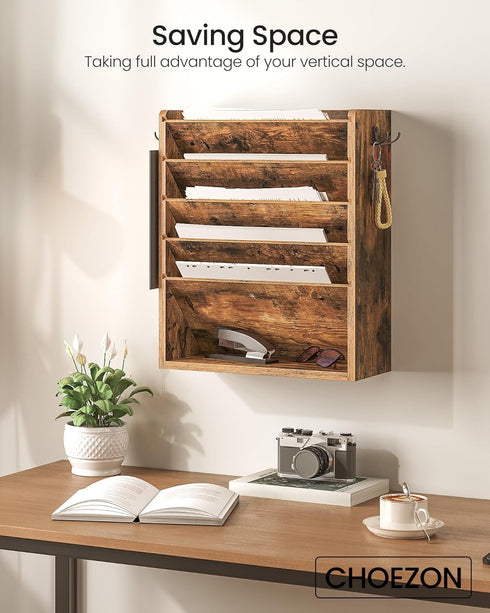 Wall File Organizer, 6-Tier Vertical Mount Hanging Holder with Vintage Wooden Magazine Storage Crate