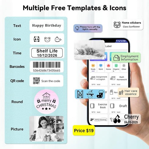 lopevi Label Maker Machine Portable Label Printer with Multiple Templates Wireless BT Label Maker for Home Office