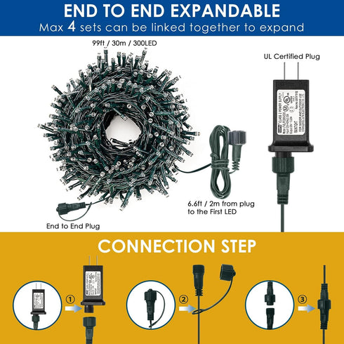 300LED 105FT 8 Decute Christmas String Lights Outdoor Waterproof UL Certified with End-to-End Plug Modes, Warm White