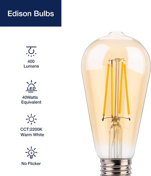 FLSNT 40W Equivalent Dimmable Vintage LED Edison Bulbs, 4W ST19 Amber Glass, 2200K Warm White, 400LM, E26 Base, 6 Pack
