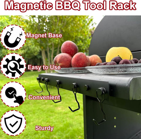 Magnetic Grill Hooks, Heavy Duty Utensil Rack with 5 Hooks, Strong Magnetic BBQ Tool Rack for Traeger, Blackstone, Camp