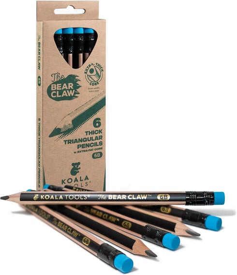 KOALA TOOLS | Bear Claw Pencils 1-Pack (6 Pencils) - Fat, Thick, Triangular Grip, Extra-Dark 6B Graphite Core with Eraser - Suitable for Kids, Art, Drawing, Drafting, Sketching & Shading by KOALA TOOLS
