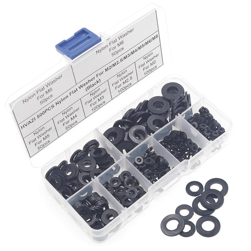 500PCS Nylon Flat Washers for M2 M2.5 M3 M4 M5 M6 M8 Screw Bolt, Black