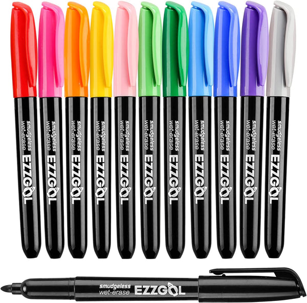Wet Erase Markers, EZZGOL 12 Colors Bullet Tip Wine Glass Markers for Dry Erase Whiteboards and Wet Erase Surfaces