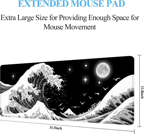 Gaming Mouse Pad, Japanese Black and White Sea Wave Large XXL Extended Desk Mat, 31.06" x 11.8" for Home Office Gaming