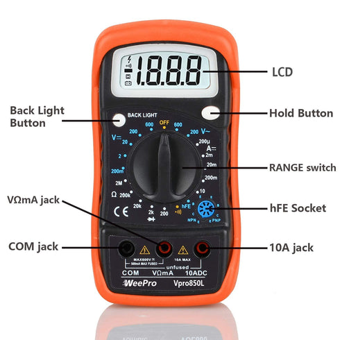 Vpro850L Digital Multimeter DC AC Voltmeter, Ohm Volt Amp Test Meter, Electric Tester Ohmmeter with Diode and Continuity Detector, Backlit Display and Insulated Rubber Case Kickstand