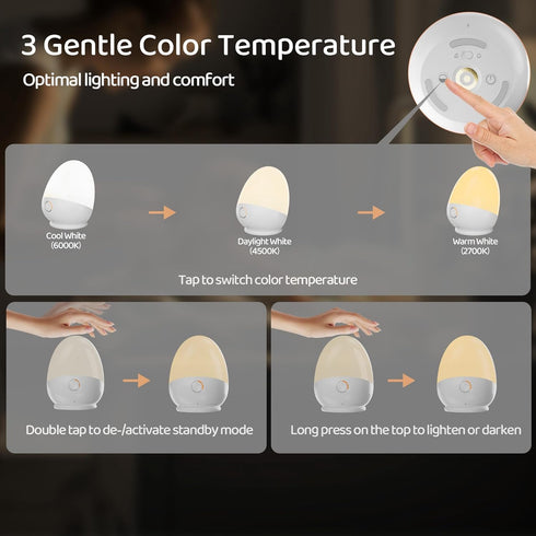 ZUZUKID 1-6H 3 Dimmable, Touch Egg Night Light for Baby Nursery, Rechargeable Portable Kids Nightlight Lamp