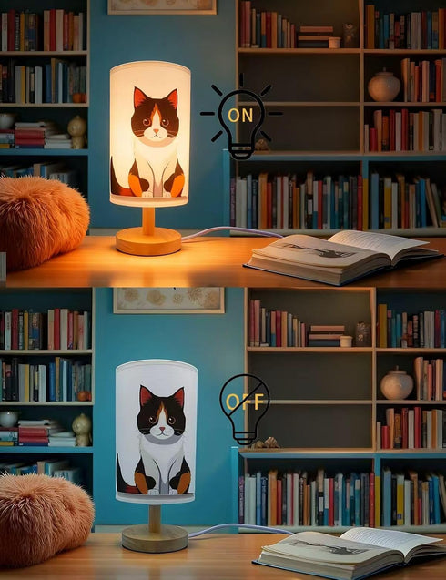 Light,3 Bulb Cat Lamp, Cat Night Color Night Light Wood Nightstand Desk Base Flaxen Fabric Shade for Bedroom Living