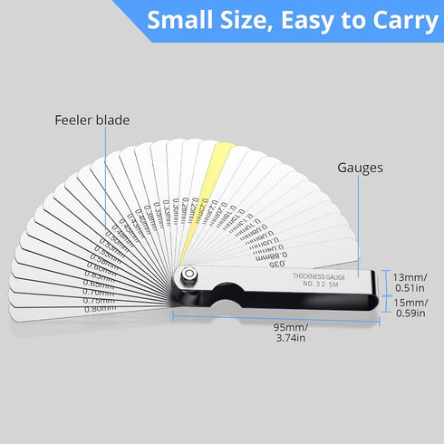 CAMWAY Straight Feeler Gauge, 32 Blades Thickness Gauge Metric Inch 0.04-0.88mm/0.0015-0.035 Inch for Valves, Spark